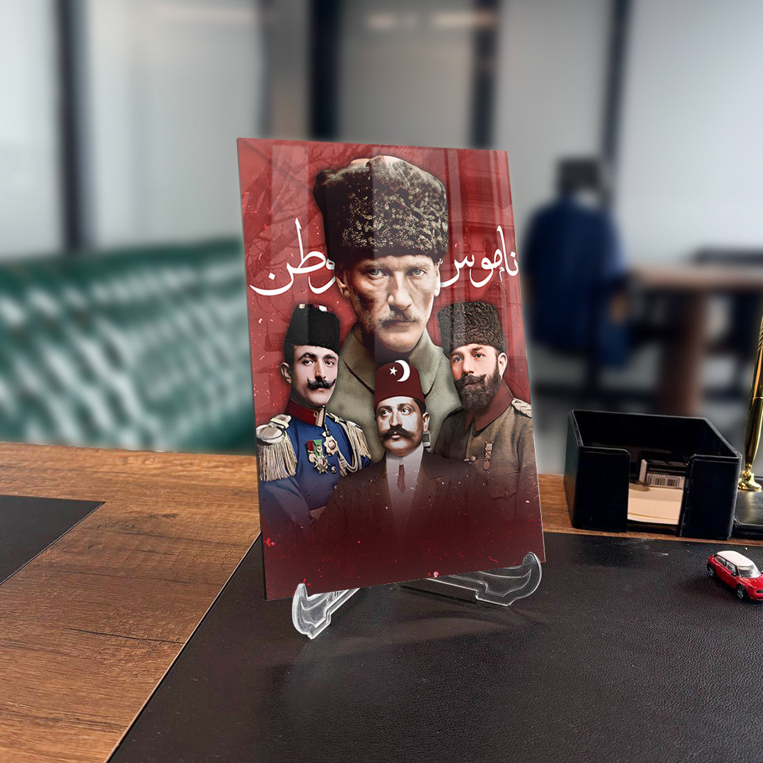 Atatürk and İttihat Terakki leaders glass artwork, showcasing high-quality UV printing on tempered glass.