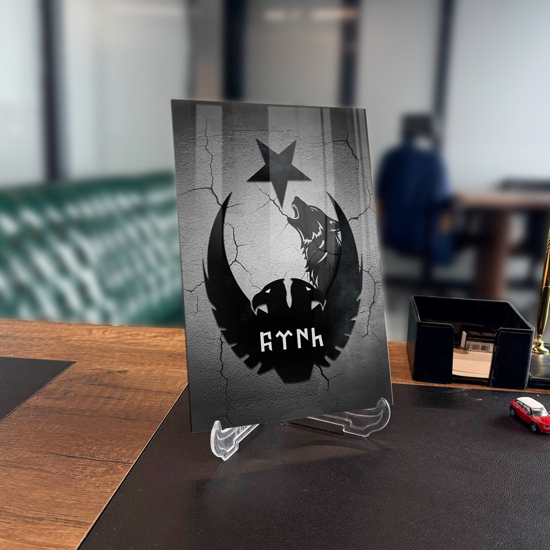 Çift Başlı Kartal Kurt Ayyıldız cam tablo, modern tasarım, ofis dekoru, UV baskı, yüksek kaliteli cam