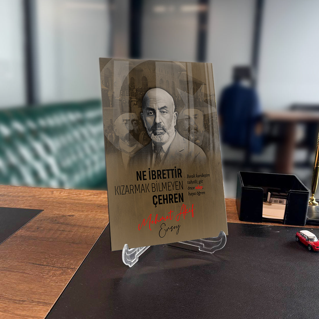 Mehmet Akif Ersoy cam tablo, özel tasarım UV baskı, yüksek kaliteli cam, ofis dekoru, 4mm kalınlık