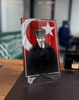 Atatürk 252 Cam Tablo with Turkish flag, high-quality glass art, ideal for home or office decor.