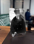 Atatürk 186 Cam Tablo on a wooden desk, showcasing a high-quality glass design with UV printing.