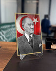 Atatürk 179 Cam Tablo with Turkish flag background, showcasing high-quality glass design and UV printing.