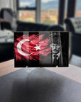 Atatürk 182 Cam Tablo with Turkish flag design, high-quality tempered glass art piece on display.