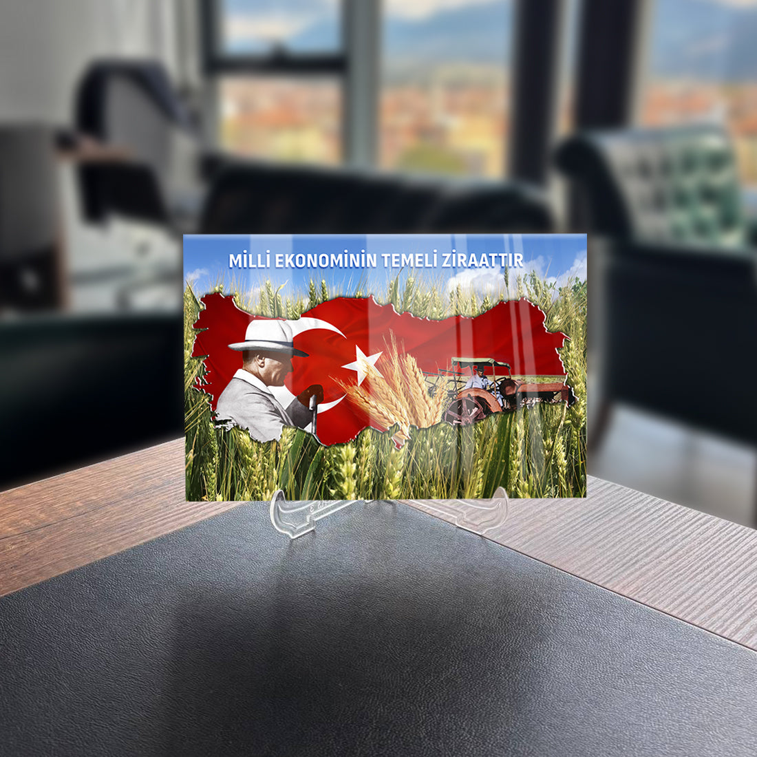 Atatürk 146 Cam Tablo with Turkey flag design and farming theme, showcasing agricultural heritage.
