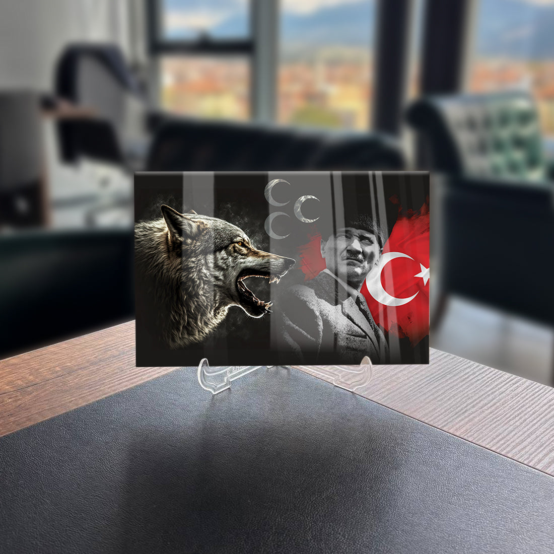 Bozkurt Üç Hilal Atatürk cam tablo, UV baskı ile yüksek kaliteli tasarım, dayanıklı ve şık dekoratif ürün.