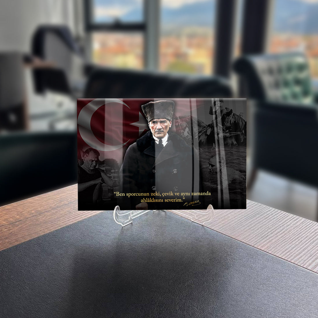 Atatürk 255 Cam Tablo with quote, high-quality tempered glass design, featuring UV printing and special packaging.