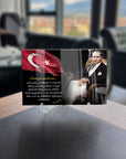 Atatürk 170 Cam Tablo with Turkish flag, displaying a portrait and inspiring message on glass.