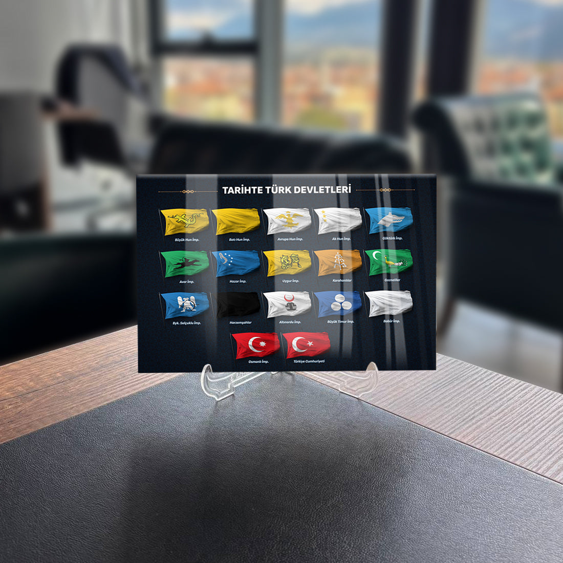 Tarihte Türk Devletleri cam tablosu, özel UV baskı ile tasarlanmış şık ve dayanıklı 4mm kalınlığında cam.
