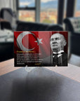 Atatürk 259 Cam Tablo with a Turkey flag background, featuring inspirational quote and high-quality glass design.