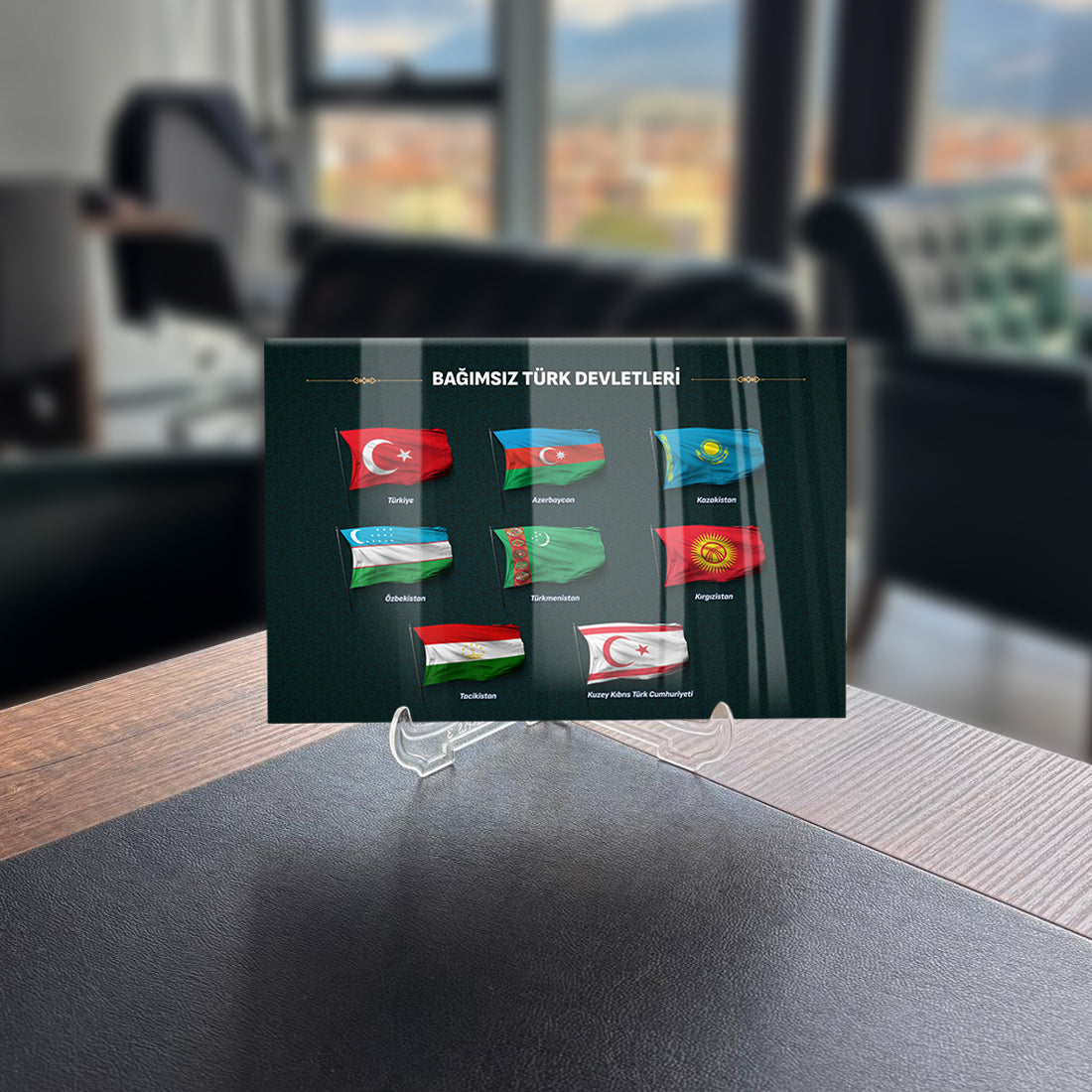 Bağımsız Türk Devletleri cam tablosu; UV baskı ile tasarlanmış, şık ve dayanıklı dekoratif parça.
