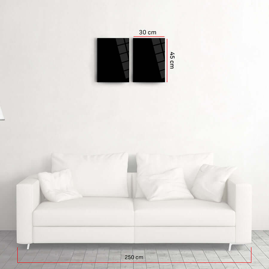 Modern Allah Muhammed cam tablo set displayed above a sleek white sofa in a minimalist living room.