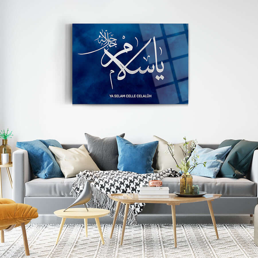Ya Selam Cam Tablo with vibrant blue background, showcasing elegant design in modern living room decor.