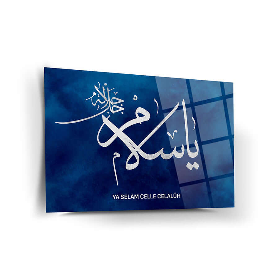 Ya Selam Cam Tablo with stunning blue background and elegant calligraphy design on high-quality tempered glass.