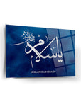 Ya Selam Cam Tablo with stunning blue background and elegant calligraphy design on high-quality tempered glass.