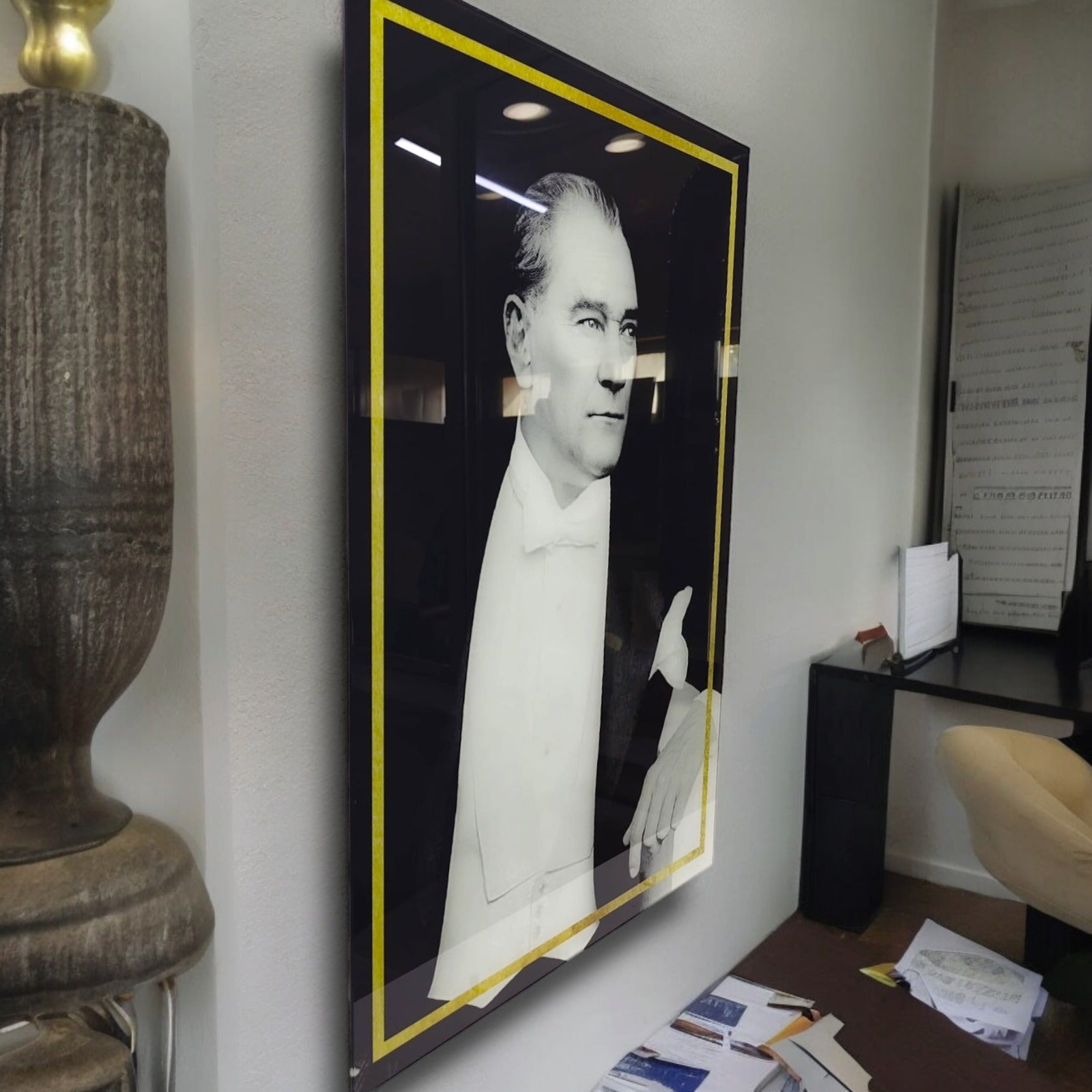 Atatürk black and white portrait in stylish glass frame, showcasing a unique artistic design.