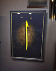 Elif 2 Cam Tablo, contemporary glass wall art with a striking yellow arrow design on a dark background.