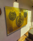 Ayetel Kürsi Felak Nas 3 Cam Tablo with golden background, featuring intricate Arabic calligraphy designs.