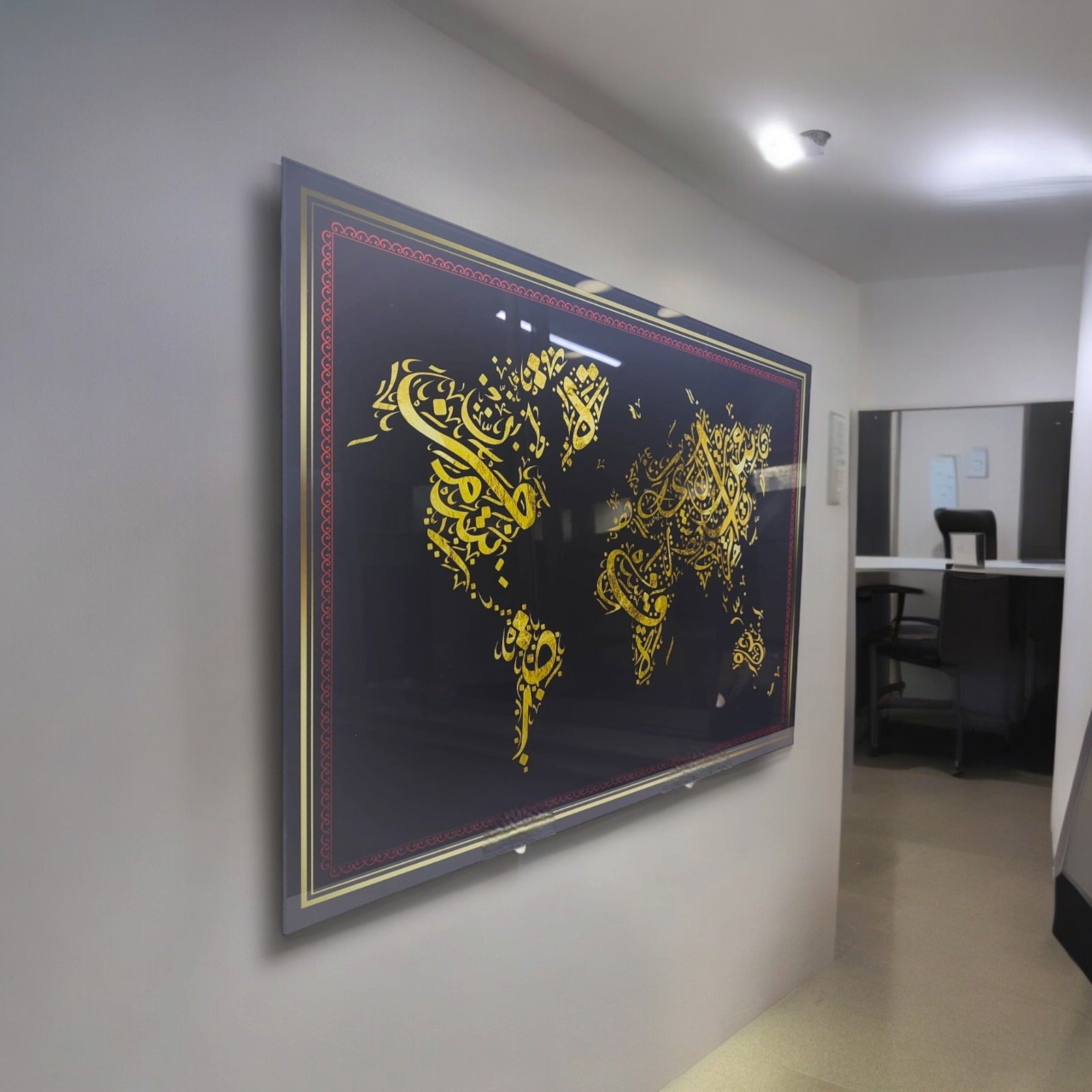 İslami Dünya Haritası Cam Tablo, özel UV baskı, yüksek kaliteli cam, modern iç mekan dekoru.