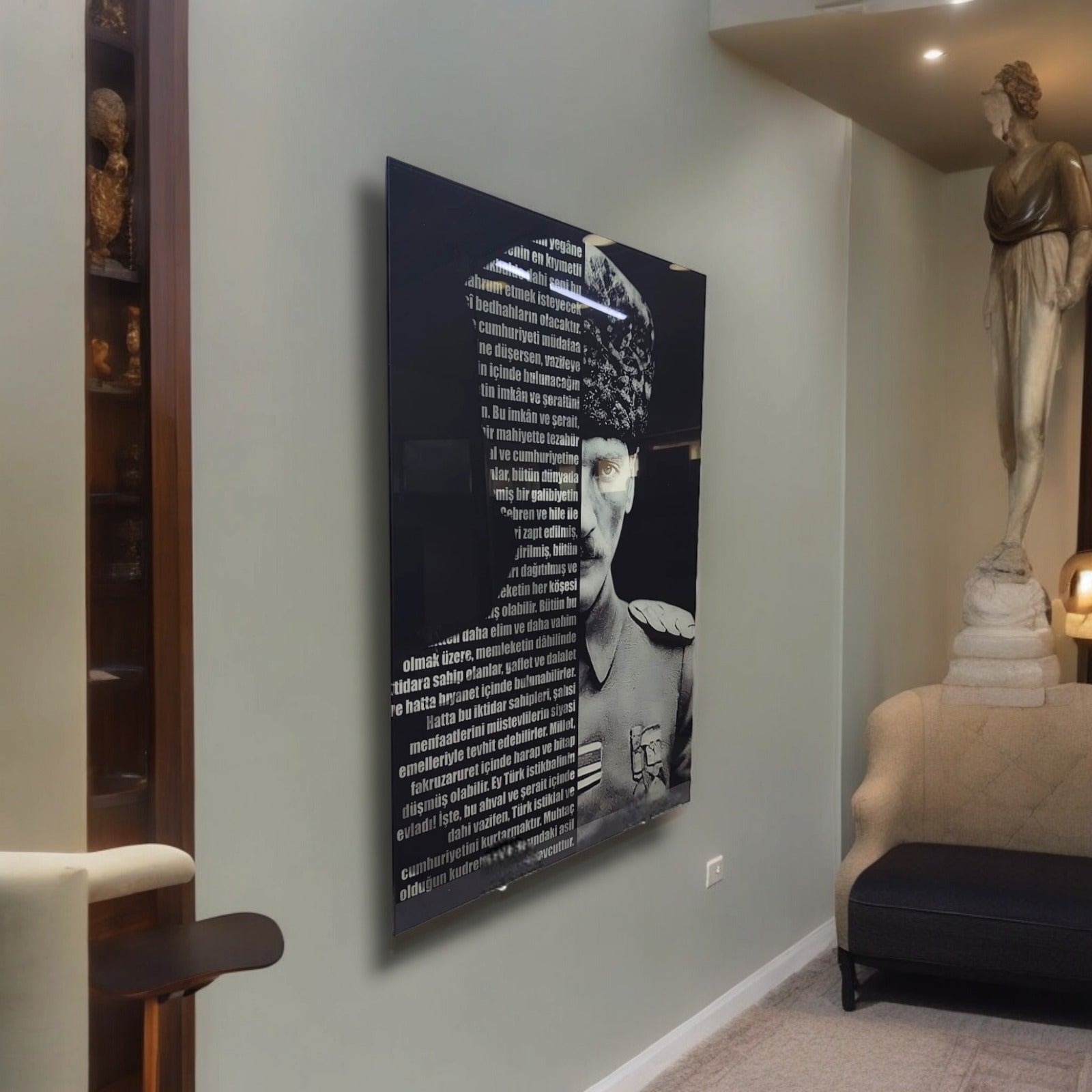 Artistic glass artwork featuring Atatürk with black and white design and text, enhancing modern decor.