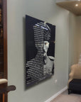 Artistic glass artwork featuring Atatürk with black and white design and text, enhancing modern decor.