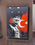 Atatürk glass wall art with Turkish flag, high-quality UV printing, 4mm thick tempered glass design.