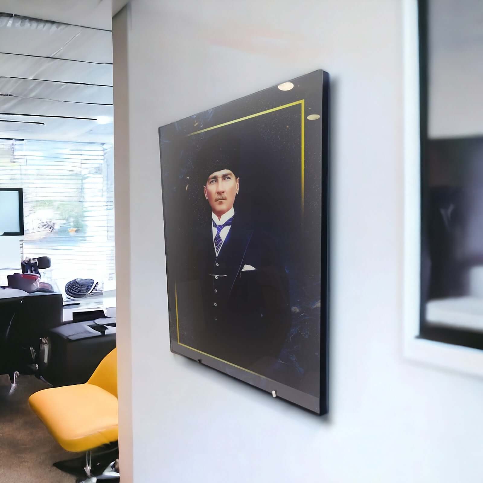 Atatürk 123 Cam Tablo on display in a modern office setting, showcasing high-quality glass art.