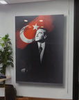 Atatürk 11 cam tablo with Turkish flag background, high-quality UV print on durable glass.