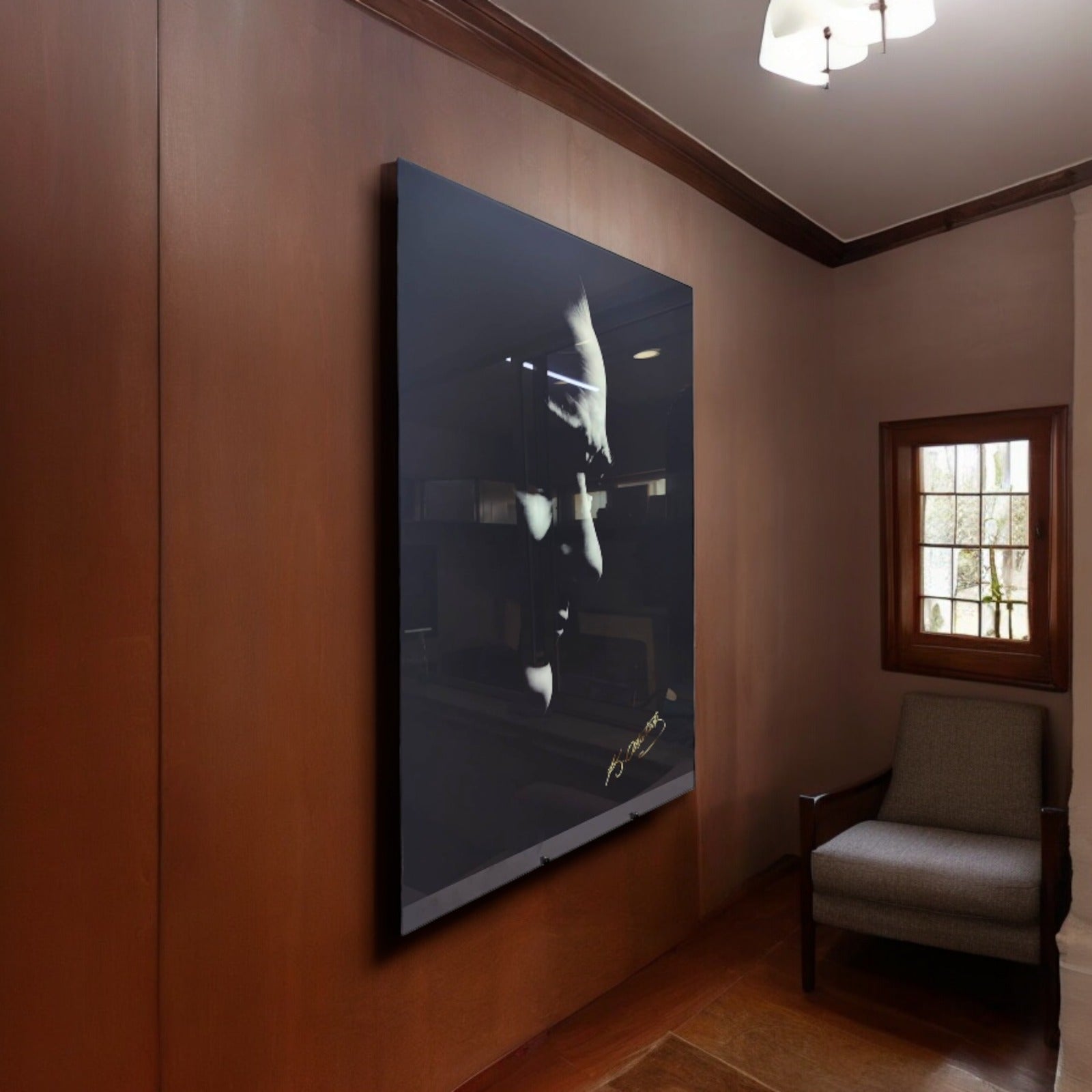 Modern SRD Concept cam tablo of a figure, elegantly displayed on a wooden wall in a cozy interior.