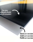 Close-up of SRD concept glass panel showing surface and thickness options: 30x45 cm, 45x65 cm, 70x100 cm, all 4 mm thick.