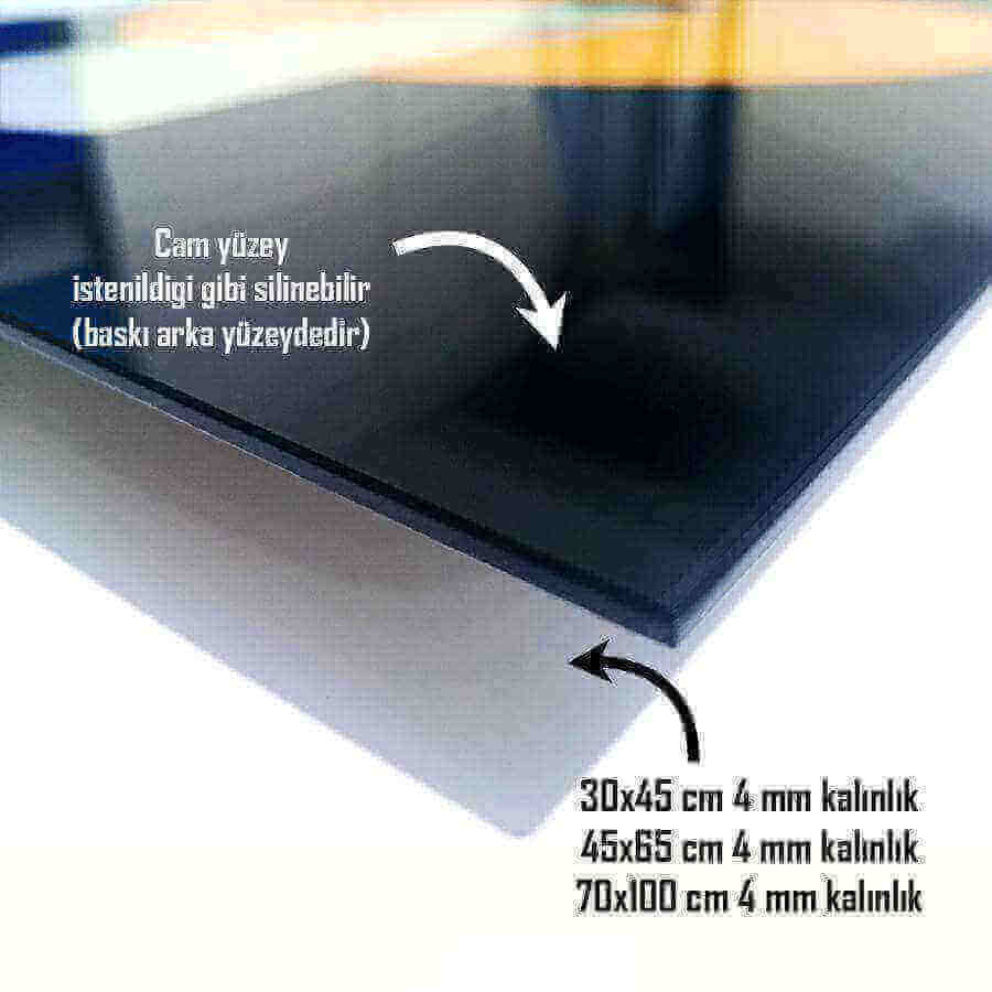 Cam Tablo ürün detayları; 30x45 cm, 45x65 cm, 70x100 cm seçenekleriyle 4 mm kalınlık.