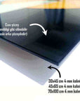 Cam Tablo ürün detayları; 30x45 cm, 45x65 cm, 70x100 cm seçenekleriyle 4 mm kalınlık.