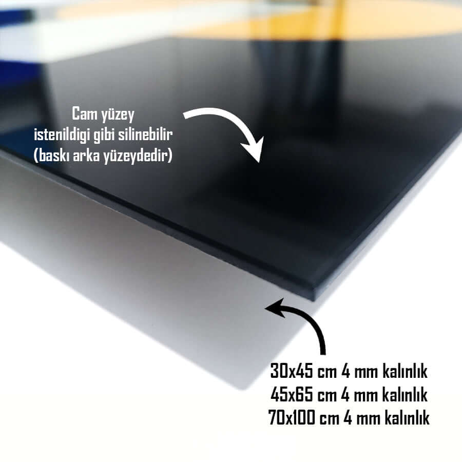 Detail shot of SRD Concept glass surface, highlighting dimensions and wipeable feature with thickness options.