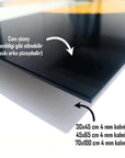Close-up of SRD concept cam tablo showcasing thickness and sizes: 30x45 cm, 45x65 cm, 70x100 cm, 4 mm kalınlık.