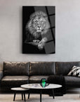 Elegant lion artwork displayed on a wall above a stylish sofa in a modern living room setting.