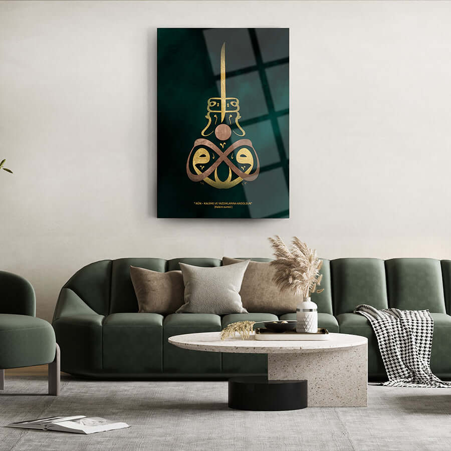 A stylish interior featuring a unique cam tablo artwork with a golden knife design on a dark background.