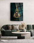 A stylish interior featuring a unique cam tablo artwork with a golden knife design on a dark background.
