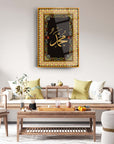 Decorative Muhammed S.A.V. cam tablo in a stylish living room setting showcasing Arabic calligraphy.