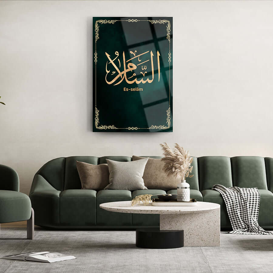 Es-Selam cam tablo, şık tasarım ve yüksek kaliteli cam ile modern ev dekorasyonu için ideal.