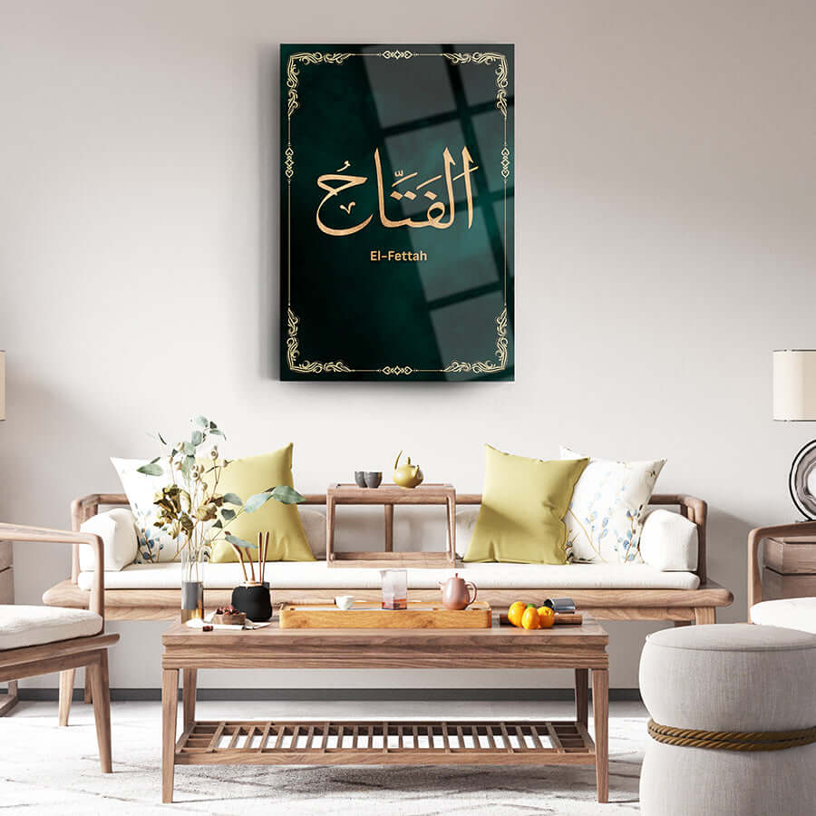 Elegant El-Fettah cam tablo hanging in a chic living room setting with modern decor.