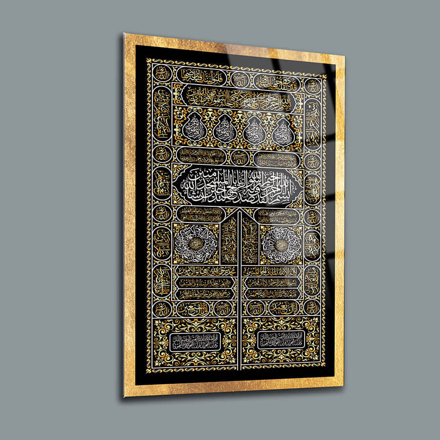 Allah Muhammed Kabe Kapısı cam tablo, 3'lü set, yüksek kaliteli temperli cam, özel UV baskı ile tasarlanmış.