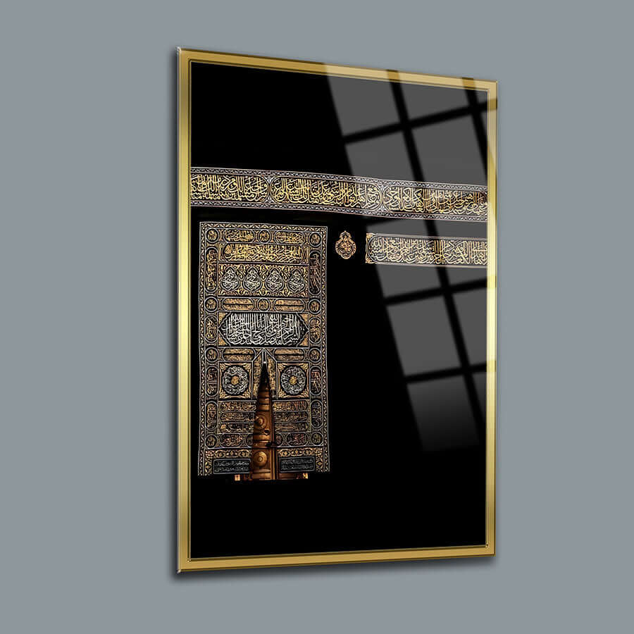 Allah Muhammed Kabe Kapısı Cam Tablo, zarif tasarım, 4 mm kalınlığında temperli cam, UV baskı ile özel tasarım.