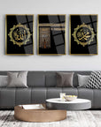 Elegant 3-piece glass wall art set featuring Allah and Muhammad designs with Kaba door, perfect for modern decor.
