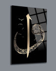 Vav ve Elif design on black glass, featuring intricate patterns and gold accents, ideal for modern decor.