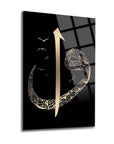 Vav ve Elif 8 Cam Tablo with intricate design featuring arrow and snake on a sleek black background.