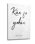 Kun Fe Yekün Cam Tablo, şık tasarım, yüksek kaliteli UV baskı, modern dekor için ideal.
