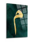 Mim Cam Tablo - Elegantly designed glass art piece featuring a golden motif on a dark green background.