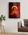 Kufi Ayyıldız Allahu Ekber glass art piece in modern living room setting with stylish furnishings.