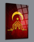 Kufi Ayyıldız Allahu Ekber glass panel artwork with gold crescent and star design on red background.