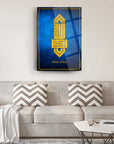 Kufi Allahu Ekber 2 Cam Tablo in a modern living room setting with patterned cushions and soft drapery.