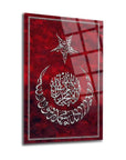 Kelime-i Tevhid Ayyıldız Cam Tablo with intricate calligraphy on a red background, featuring UV printing and tempered glass.
